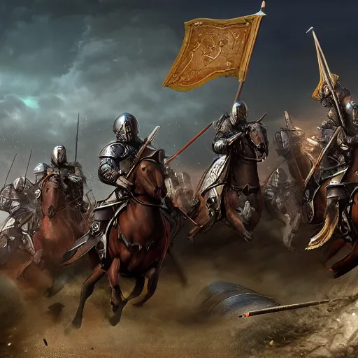 Image similar to Byzantine mounted medieval cataphract charges into battle, digital matte painting, high quality