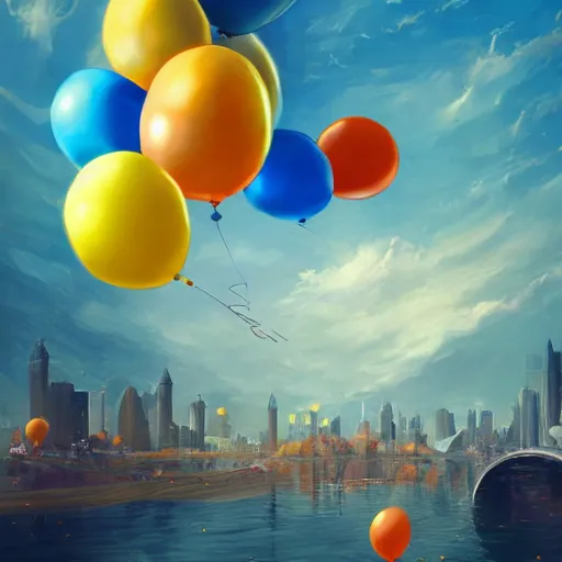 Image similar to plenty of floating birthday balloons. beautiful city. digital art, highly - detailed, artstation cgsociety masterpiece