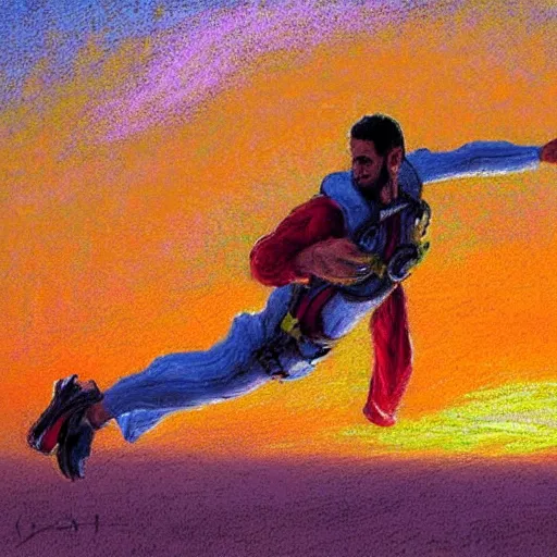 Prompt: arab man with curly hair skydiving alone, centered, pastel colors, peaceful, impressionist painting, figurative painting, intricate details, sunset