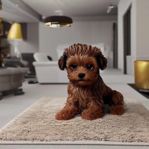 Image similar to octane render of a yorki-poo puppy sitting on a rug in a fancy living room, 8k, ultra intricate, ultra detailed,