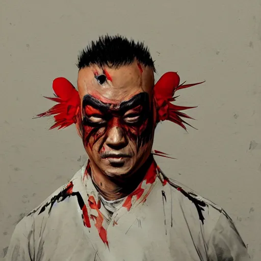 Prompt: scary mugshot portrait of an asian assassin man dressed as a chicken, the chicken man, man dressed as a chicken, highly detailed painting by dustin nguyen, akihiko yoshida, greg tocchini, greg rutkowski, cliff chiang, 4 k resolution, trending on artstation, 8 k, man dressed as a chicken