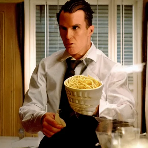 Prompt: pasta as The American Psycho, cinematic still