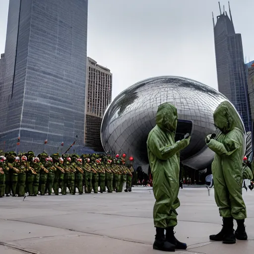 Image similar to chinese soldiers in hazmat suits with grey skies carrying machine guns, cloud gate chicago