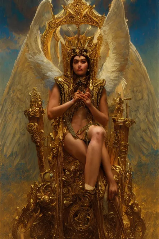 Image similar to full body portrait of seraphim queen sitting on her bone throne, highly detailed painting by gaston bussiere, craig mullins, j. c. leyendecker, 8 k, mid shot