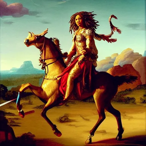 Prompt: beyonce riding a horse with a sword chasing a tribe of eric claptons, baroque style painting, well lit, highly detailed