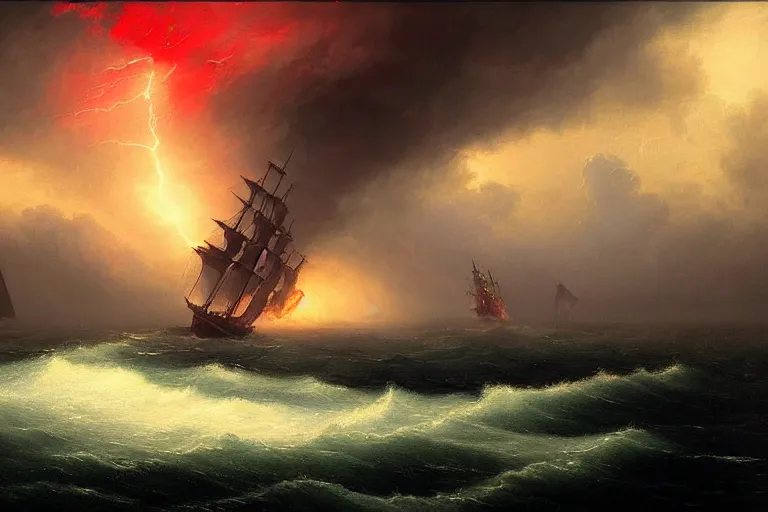 Prompt: A beautiful matte painting of huge alien spaceship attacking with powerful red lasers a Sailship in ocean in thunderstorm by Greg Rutkowski and Ivan aivazovsky