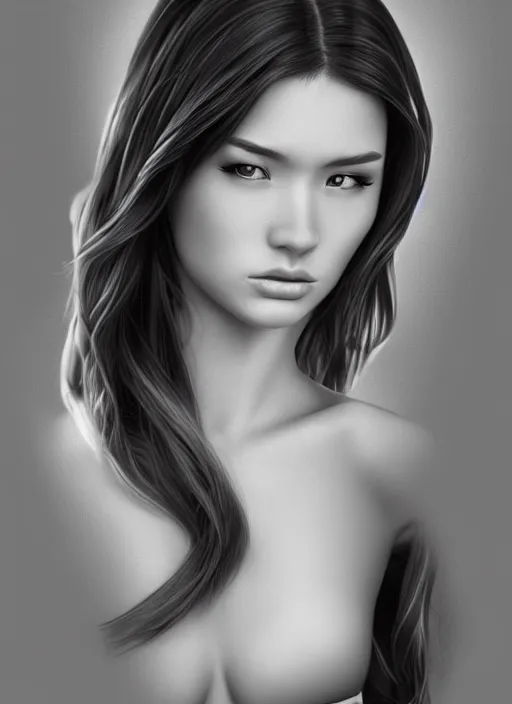 Image similar to full body portrait of a beautiful young woman in black and white, photorealistic, hair down to waist, sharp focus, in the style of Kevin Kostic, Stephen Lau and artgerm, hyper sharp focus, 8k highly detailed