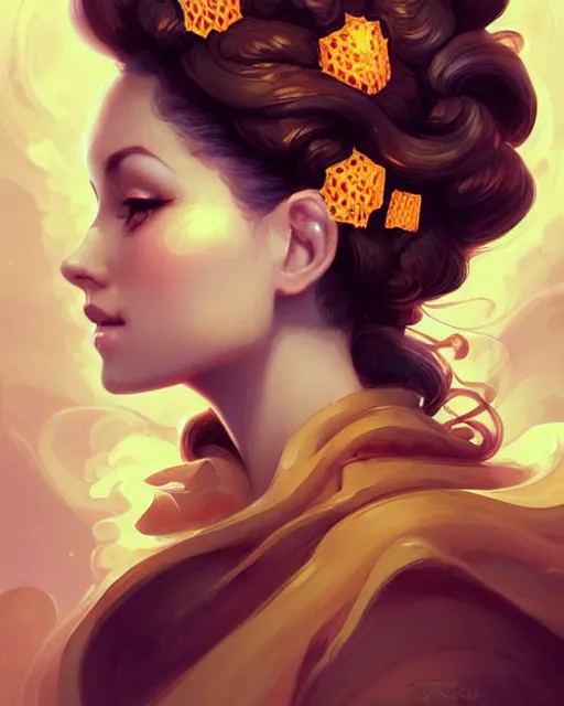 Prompt: Beautiful woman with honeycomb up-do hairstyle, swirling honey flowers, radiant light, illustrated portrait by peter mohrbacher and artgerm