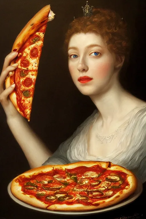 Image similar to a highly detailed queen margherita ( savoy ) eating a pizza! margherita, full body, detailed painting by arturo faldi, trending on deviantart, octane, masterpiece