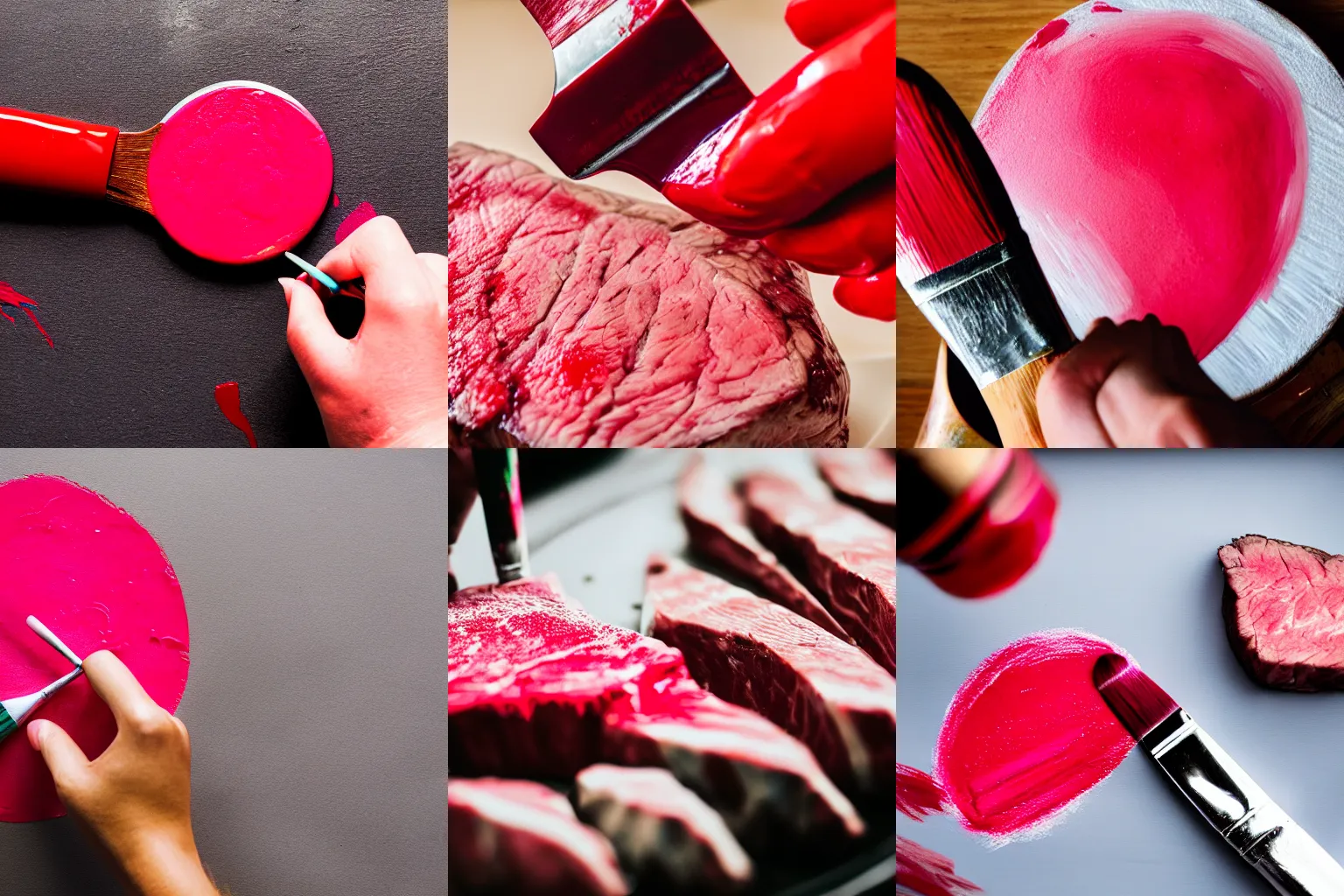 Prompt: hand painting a steak red pink, paint brush, close up, dslr photo