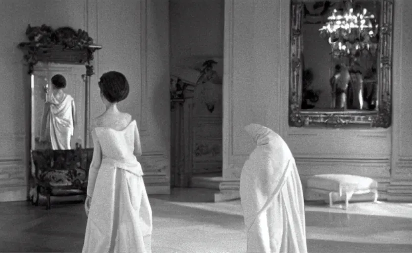 Image similar to a still from last year in marienbad ( 1 9 6 1 ), sharp, very detailed, great quality, french new wave cinema,