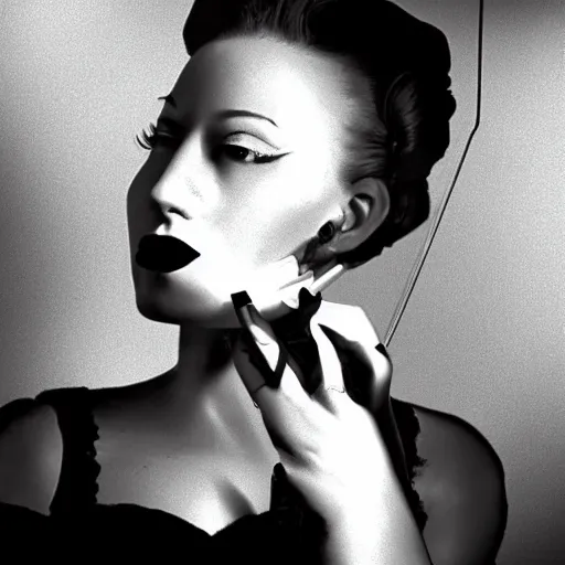 Prompt: beautiful portrait of a sultry female robot smoking a cigarette, film noir