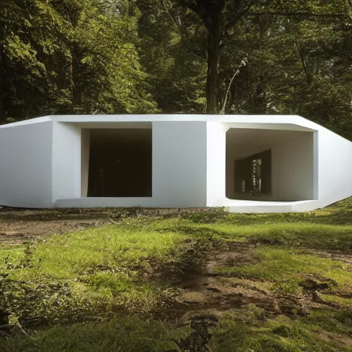 Image similar to architecture photo of futuristic cottage settlement in forest , Alvaro Siza, herzog de meuron, photorealism, high details,