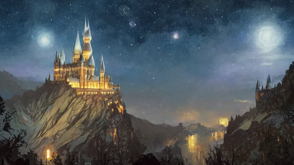 Prompt: a beautiful painting of the view from the train of hogwarts castle at night, with a sky full of stars, low, dramatic camera angle, intricate, elegant, highly detailed, digital painting, artstation, concept art, by krenz cushart and artem demura and alphonse mucha