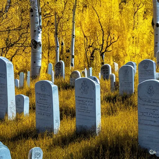 Prompt: Aspen Cemetery in the mountains with ornate tombstones of various colors with an Aspen grove in the center, high resolution, 4k, sharp, ultra detailed, cloudy, mountains