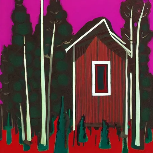 Image similar to a painting of a eerie cabin in the middle of the woods in the style of warhol