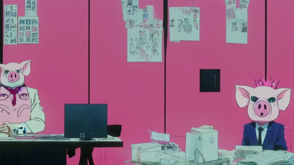 Image similar to a man wearing a pink suit and a pink pig mask sitting in an office, anime film still from the an anime directed by Katsuhiro Otomo with art direction by Salvador Dalí, wide lens