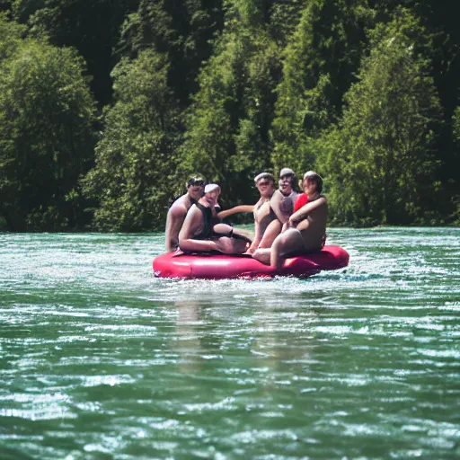 Prompt: a group of 4 people on inner tubes floating on a river