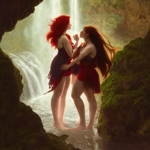 Image similar to an extremely detailed portrait of polyamorous red haired vampire queens kissing while hiding from a thunderstorm in a cave behind a waterfall, epic fantasy, viewed in profile from far away, sharp focus, detailed face, art by greg rutkowski and alphonse mucha, volumetric lighting, 4 k resolution, trending on artstation, masterpiece