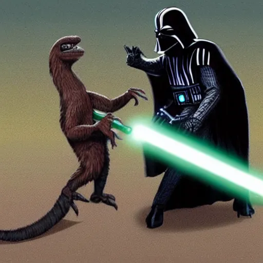 Prompt: a velociraptor with a lightsaber fights darth vader