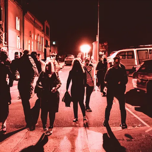 Image similar to Street photography, a close up of several people leaving a seedy nightclub at 5am, someone is smoking, someone is screaming,