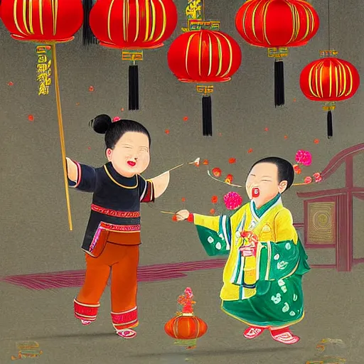 Prompt: a beautiful painting of chinese new year, two children are setting off firecrackers, digital painting