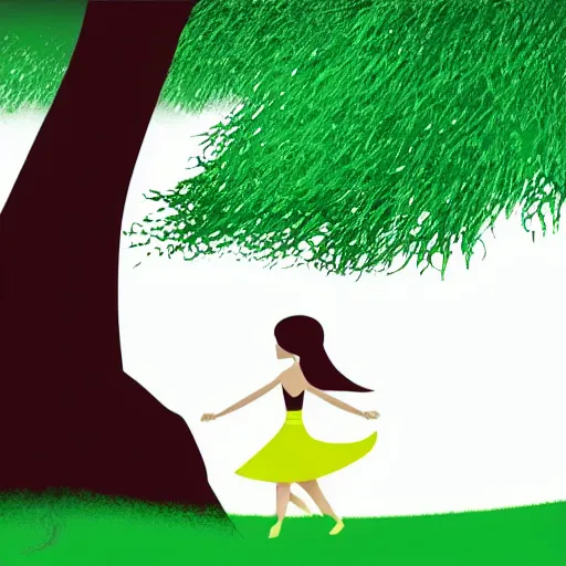 Image similar to minimal illustration of a girl dancing near an old strong tall green persian cypress tree in wind