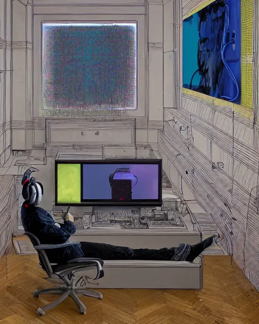Image similar to a man reclines in a gaming computer chair with headphones on a controller inhand in a domestic interior filled with screens by james jean and luc tuymans and beeple and hernan bas and pat steir and hilma af klint, psychological, 3 d, dripping paint, high quality render, masterpiece