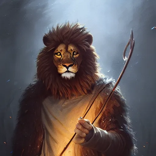 Prompt: an anthropomorphic half lion half human holding a wand,wizard,fantasy art,digital art,art by greg rutkowski,realiatic,photorealistic,hyperdetailed,detailed face,professional lighting,mysterious