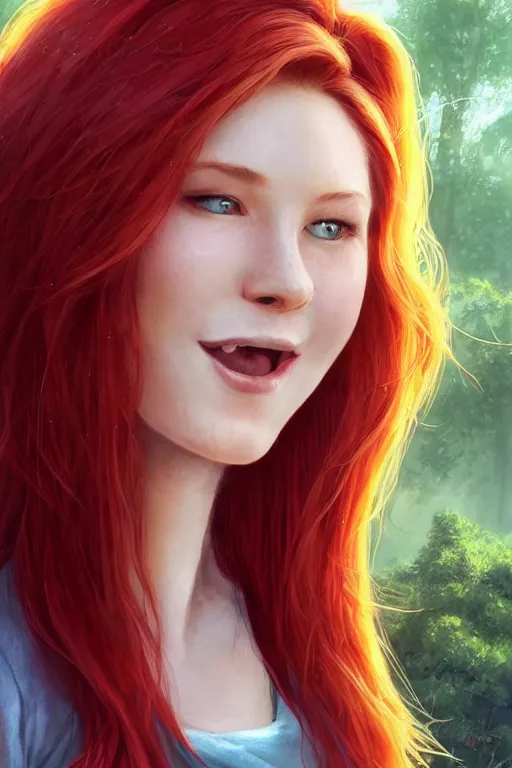 Image similar to beautiful cute red haired joyful and playful 1 9 year old maiden standing up in casual green clothing, long hair, modern city, rpg character, sci - fi, fantasy, intricate, elegant, digital painting, artstation, concept art, smooth, 8 k frostbite 3 engine, ultra detailed, art by artgerm and greg rutkowski and magali villeneuve