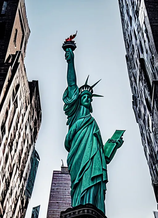 Image similar to giant monster walking between buildings, and it has the face of the statue of liberty