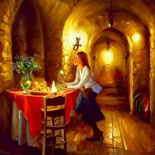 Image similar to wine cellar full of food, torches on the wall, schnapps, romantic, inviting, cozy, blonde woman, painting Vladimir Volegov