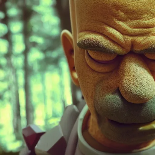 Image similar to Homer Simpson in the woods photo realistic creepy 4K