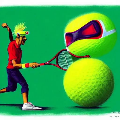 Prompt: a tennis ball monster wearing VR Google playing virtual tennis, digital art, fantasy, magic, trending on artstation, ultra detailed, professional illustration by Basil Gogos