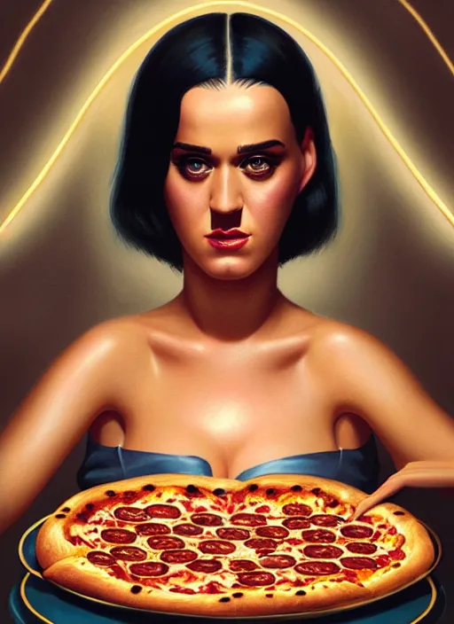 Image similar to portrait of katy perry eating pizza, intricate, elegant, glowing lights, highly detailed, digital painting, artstation, concept art, smooth, sharp focus, illustration, art by wlop, mars ravelo and greg rutkowski