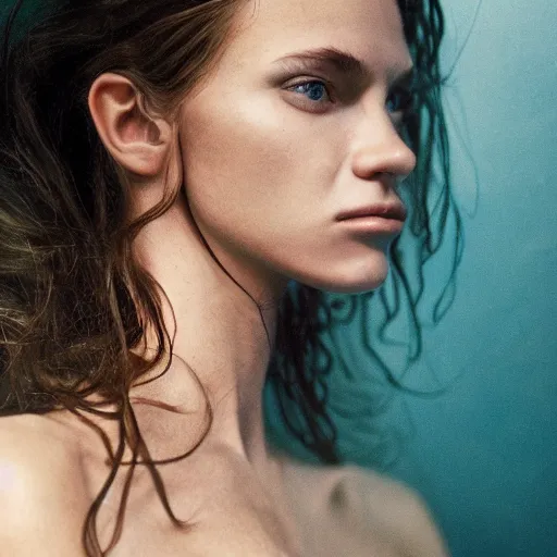 Prompt: Portrait photo of a scandinavian Supermodel underwater, long dark hair, olive skin, she has beautiful bone structure, posed in profile, studio lighting, highly detailed, art by artgerm, cinestill 800t