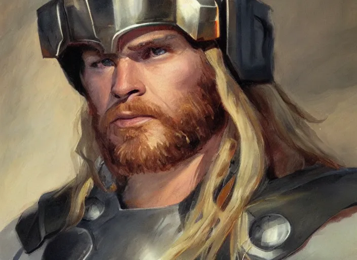 Image similar to a highly detailed beautiful portrait of thor, by gregory manchess, james gurney, james jean