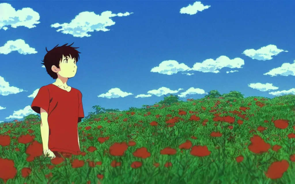 Prompt: a boy wearing a red sport jersey day dreaming on a field of flower, beautiful bright blue sky. 35mm film. makoto shinkai, studio ghibli.