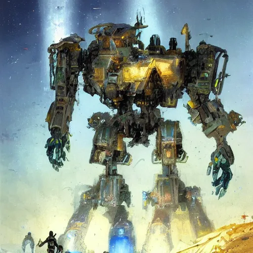 Image similar to tarot card of a mech walking along the shore by John Berkey and Peter Mohrbacher, moody lighting, rocky cliffs