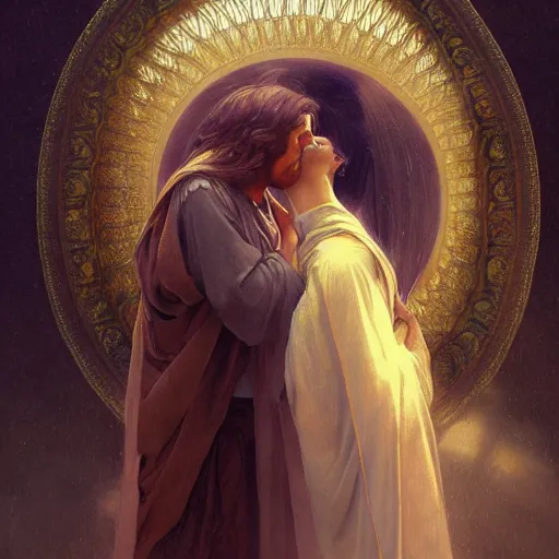 Image similar to jesus kissing a maria maddalena, intricate, elegant, highly detailed, digital painting, artstation, concept art, matte, sharp focus, illustration, art by artgerm and greg rutkowski and alphonse mucha