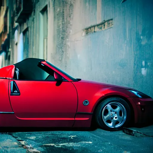 Prompt: decaying red 350z roadster abandoned in alley night time decrepit shot from bladerunner 2049 soft lighting dark shadows beautiful 35mm camera Ryan Church