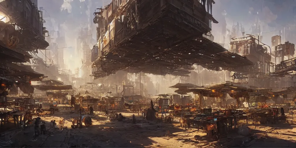 Image similar to screenshot of a marketplace in a honeycombed makeshift city, dappled light, colossal arcing metal megastructures high in the sky, beautiful, awe inspiring, fps, by james gurney, greg rutkowski, sparth, cinematography, cinematic masterpiece