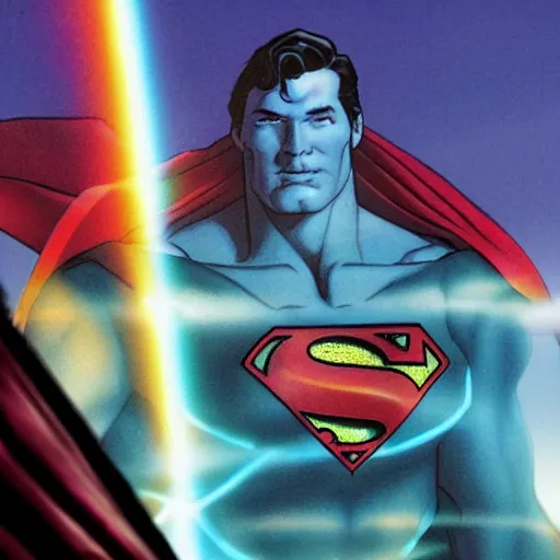 Prompt: superman on the rainbow bridge in asgard from thor raganrok. beautiful high quality vivid neverwinter.