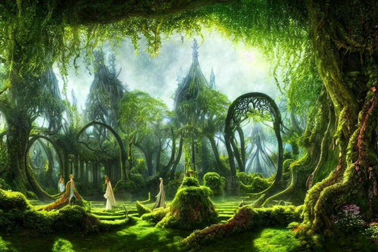 Prompt: a beautiful and highly detailed digital painting of an elven palace in a beautiful garden in a mystical forest, ethereal psychedelic patterns, celtic trees, intricate details, epic scale, insanely complex, artstation, cgsociety, 8 k, sharp focus, hyperrealism, by caspar friedrich, albert bierstadt, james gurney, brian froud,