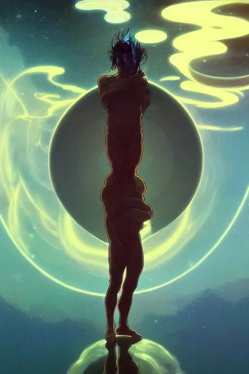 Prompt: alan watts floating in the universe full body painting highly detailed dramatic lens lighting by artgerm and greg rutkowski and alphonse mucha and simon stalenhag artstation