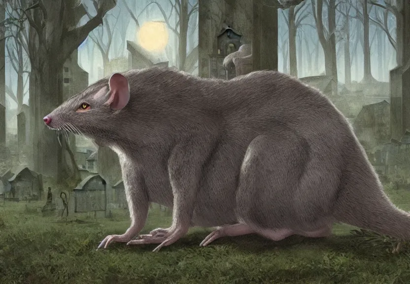 Image similar to big possum dressed like a monk at a scary medieval cemetery in the middle of the forest at night, highly detailed, photorealistic, isometric, digital art