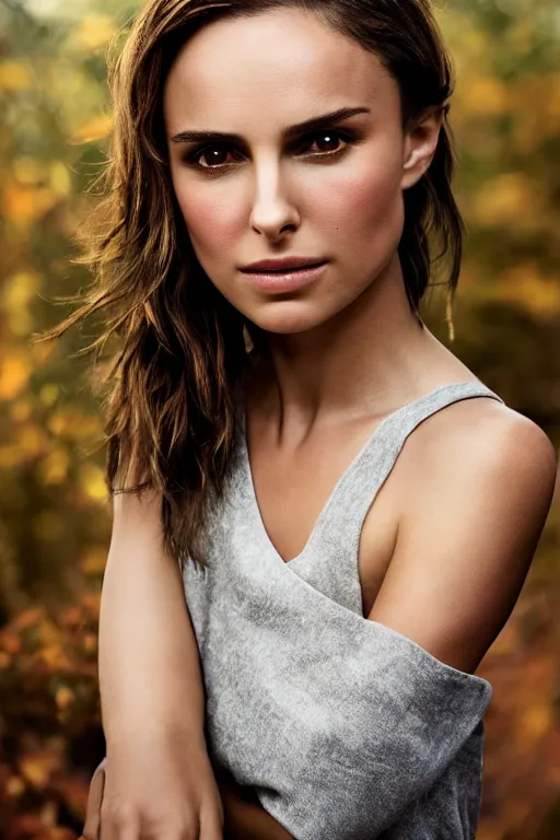 Prompt: a photo of Nathalie Portman portrait, 3/4 view, amber eyes, a shy face, Refined, Detailed professional photo, 50mm lens, Canon eos, soft an diffuse lights, autumn light, Highly Detailed, Cinematic Lighting, Unreal Engine, 8k, HD