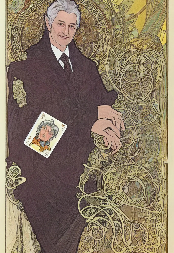 Image similar to realistic white - haired geoffrey hinton in a crown with neural networks on a tarot card, tarot in art style by alphonse mucha