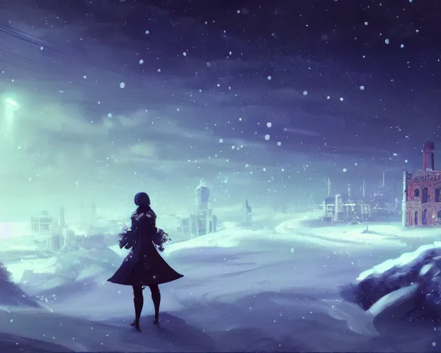 Image similar to scenery artwork, scene beautiful, light!! light essential cozy winter snow world snow and night, surrealism oil on canvas, artstation!! pixiv!! dream scenery, quality astral projection render, nier automata concept art, vaporwave textures