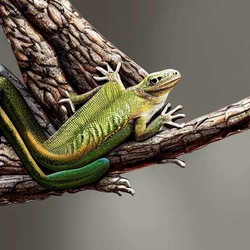 Prompt: lizard resting atop a tree branch, extreme detail, 4 k, trending on artstation, award - winning